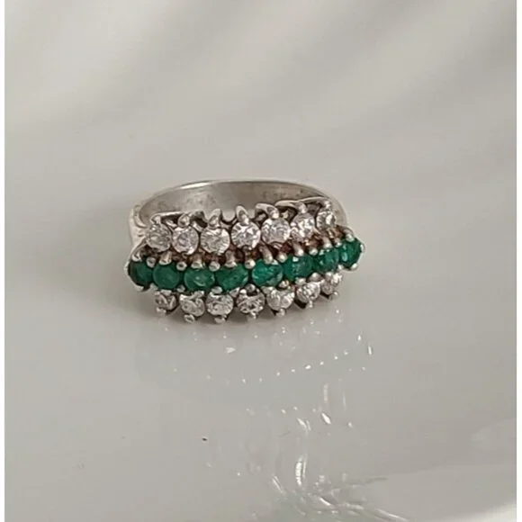 Vintage Boho 3 Row Crystal Natural Emerald Sterling Silver 925 Cocktail Ring 6.2 - Picture 4 of 9